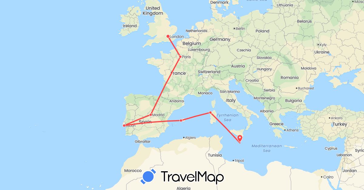 TravelMap itinerary: driving, hiking in Spain, France, United Kingdom, Italy, Malta, Portugal (Europe)